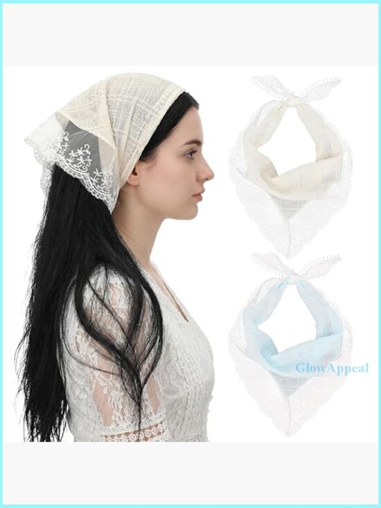 Accessories - Vintage Lace Triangle Head Scarf, Polyester, 78x32cm, 2-Piece Set